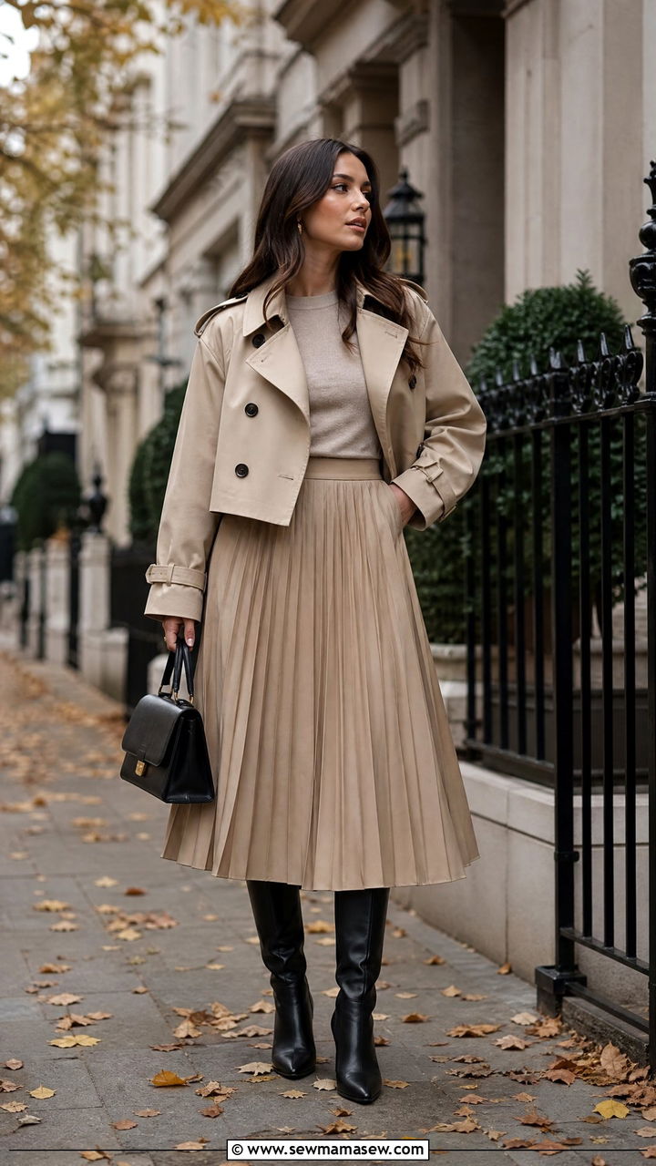 Beige Cropped Trench With Midaxi Skirt And Knee High Boots - 30 cropped trench coat outfit ideas for women