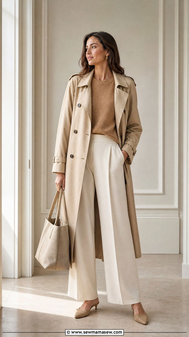 Beige Double Breasted Trench Coat With Knit And Trousers - 25 Quiet luxury outfit ideas The Row style