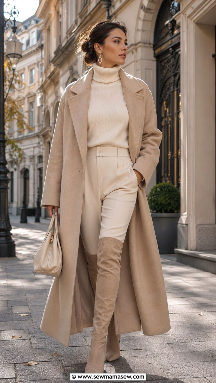 Beige Double Faced Overcoat and Ivory Roll Neck - 30 Old money capsule wardrobe