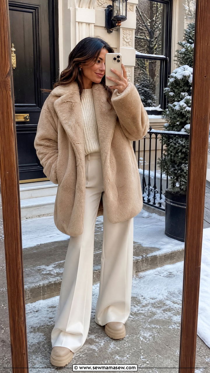 Beige Faux Fur Coat with Cream Wide Leg Trousers - 35 Fur coat outfit ideas