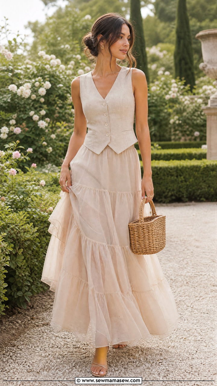 Beige Fitted Linen Vest with Tiered Organza Maxi Skirt - 30 Summer outfits in beige