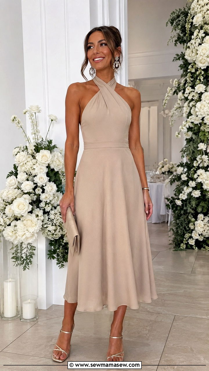 Beige Halter Neck Dress With Statement Earrings - 25 Beige dress outfit ideas for wedding guest