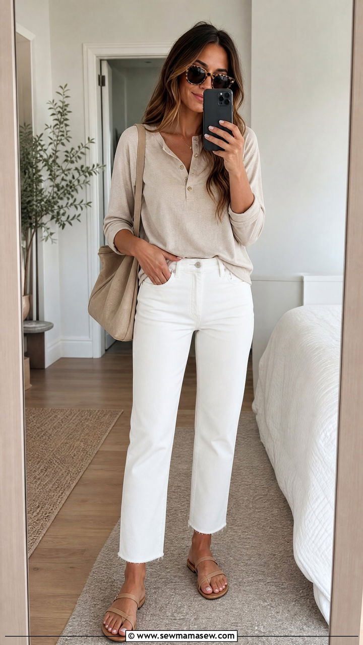 Beige Henley Shirt with White Jeans and Beige Bag - 30 Summer outfits in beige