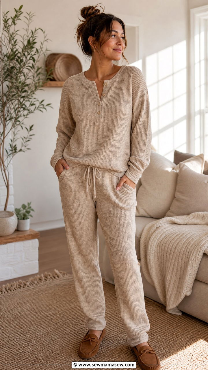 Beige Henley Top and Drawstring Pants Set - 25 Beige loungewear set outfit ideas