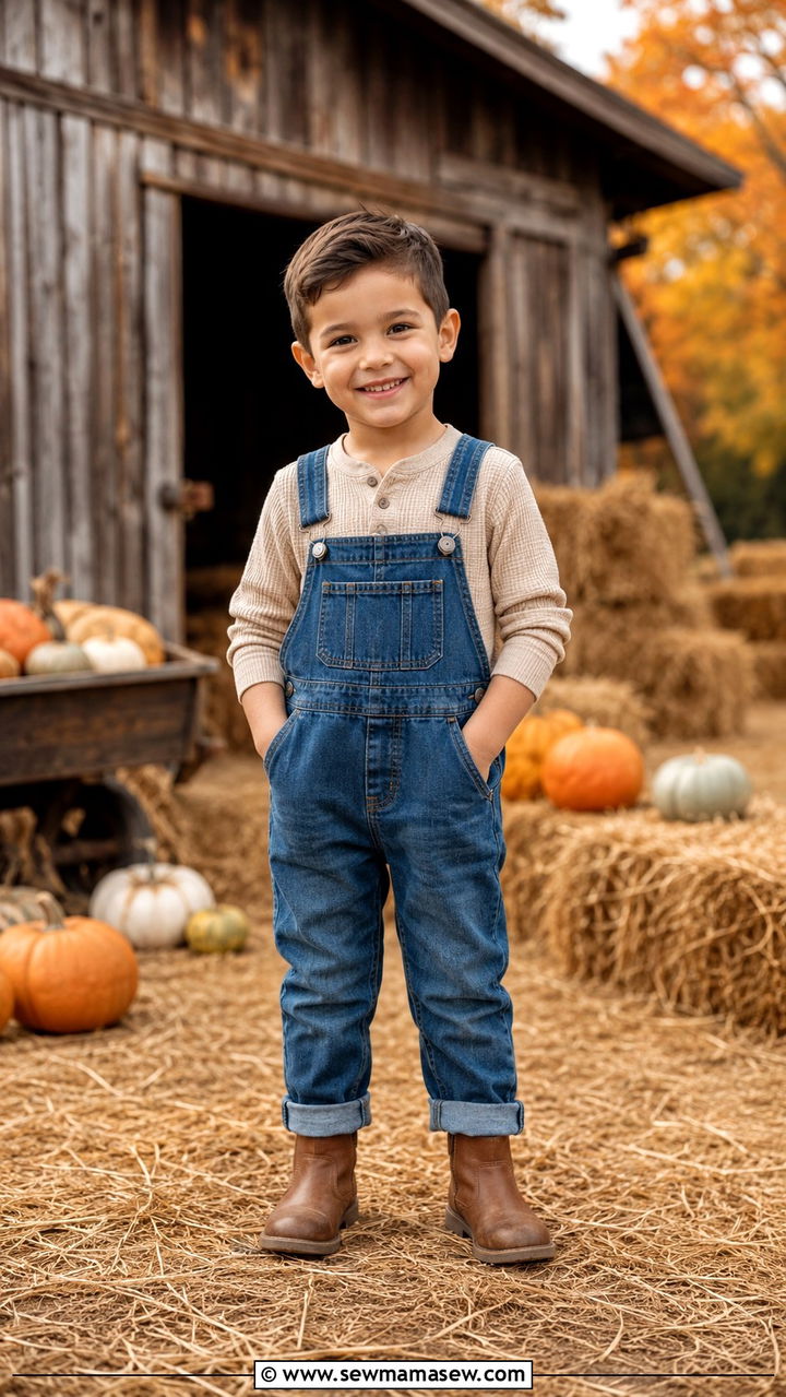 Beige Henley with Denim Overalls and Boots Outfit - 30 Kids family photo outfits