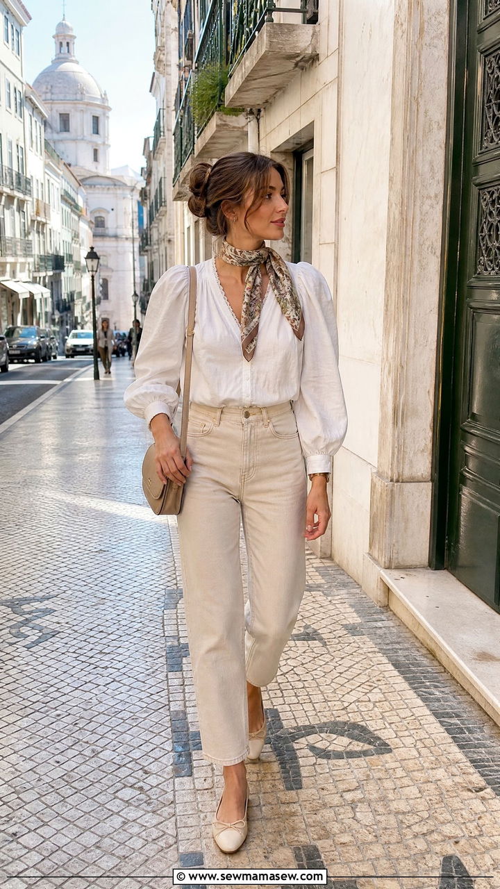 Beige Jeans with White Blouse and Ballet Flats - 35 Lisbon vacation outfit ideas