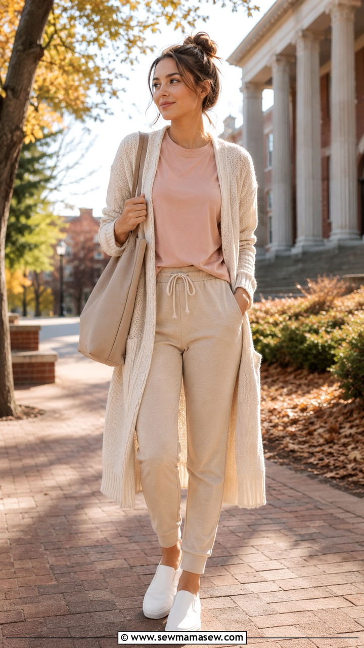 Beige Joggers With A Blush Tee And Cream Cardigan - 30 school outfits Pinterest