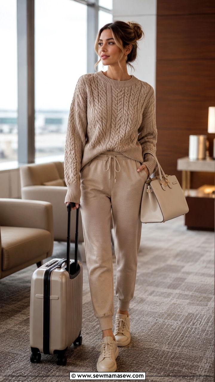 Beige Joggers With Knit Sweater Travel Look - 25 Airport outfit ideas with joggers