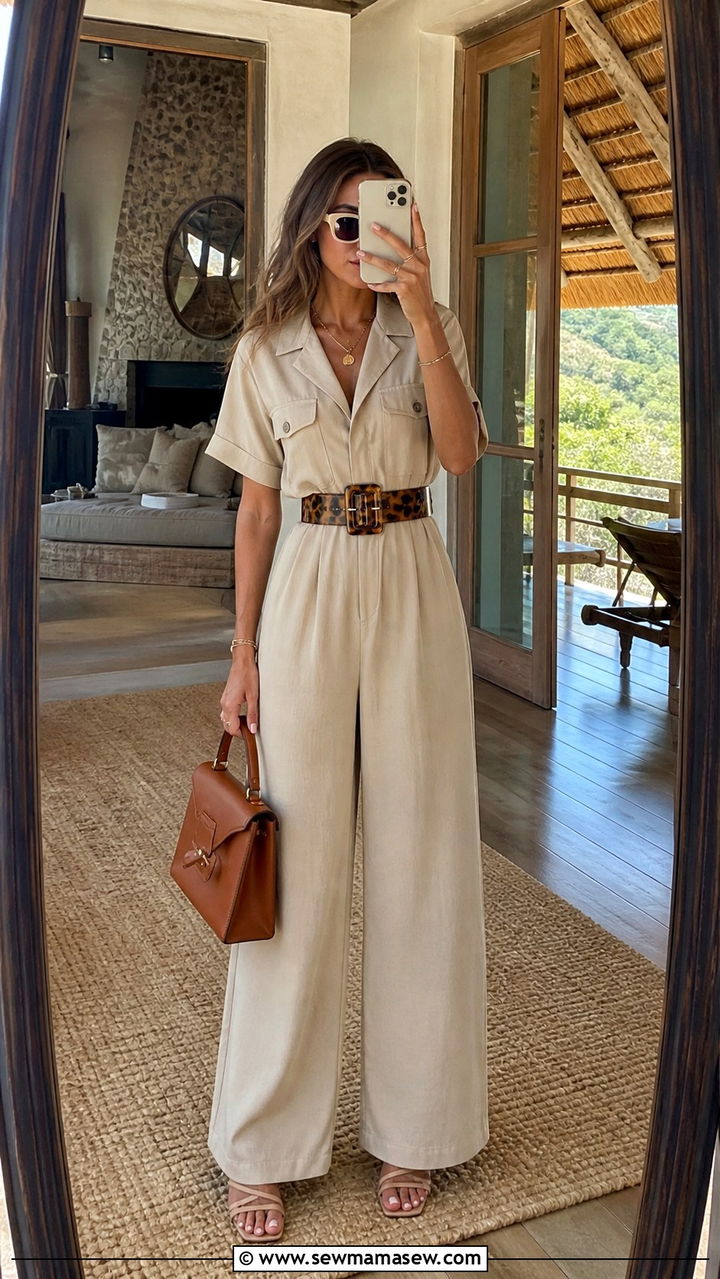 Beige Jumpsuit With Statement Belt Safari Outfit - 40 Safari outfit ideas