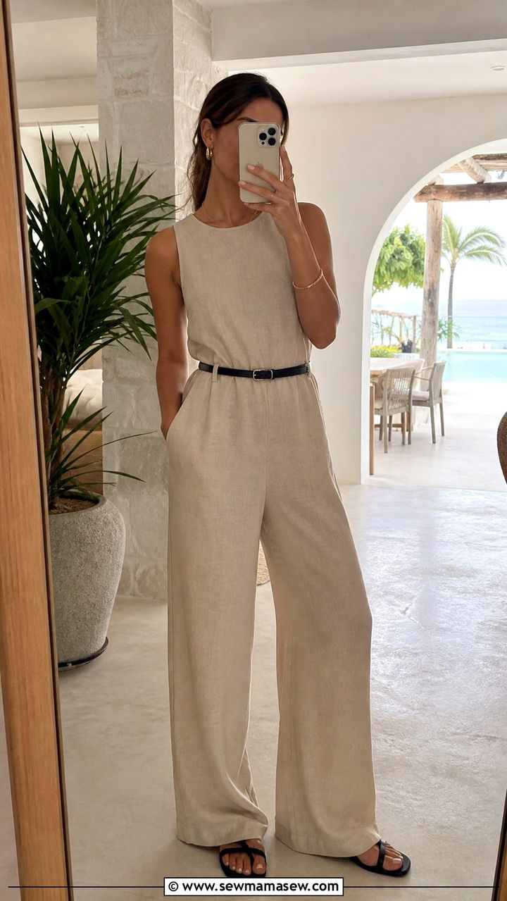 Beige Jumpsuit with a Black Leather Belt - 40 Neutral outfit ideas