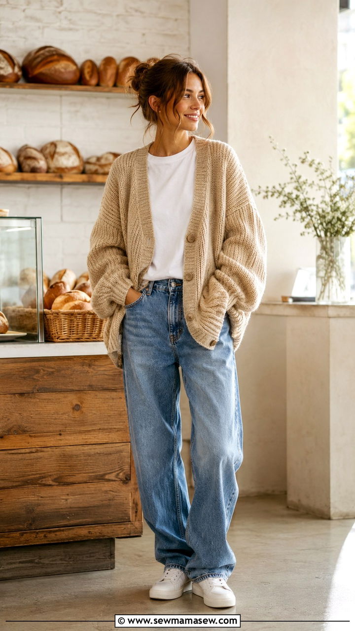 Beige Knit Cardigan and Baggy Jeans Outfit - 20 Baker outfit ideas