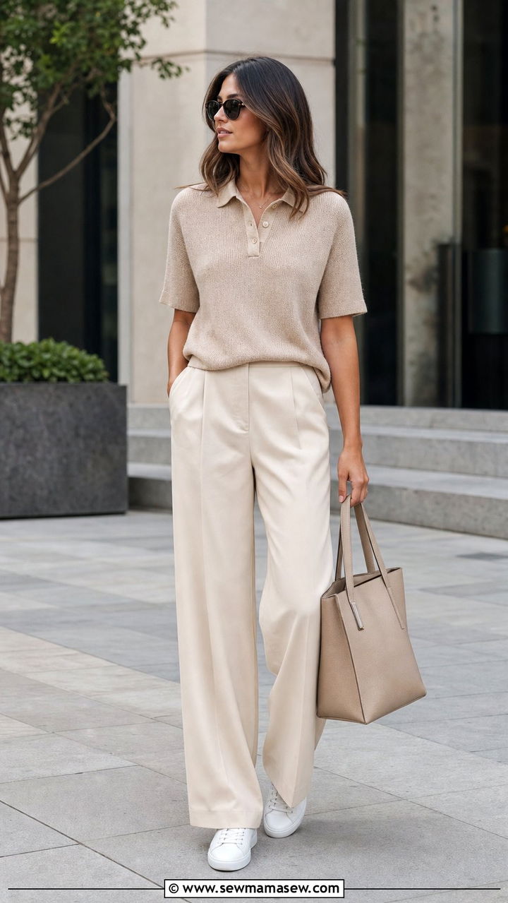 Beige Knit Polo And Cream Wide Leg Pants Outfit - 25 errands outfits aesthetic