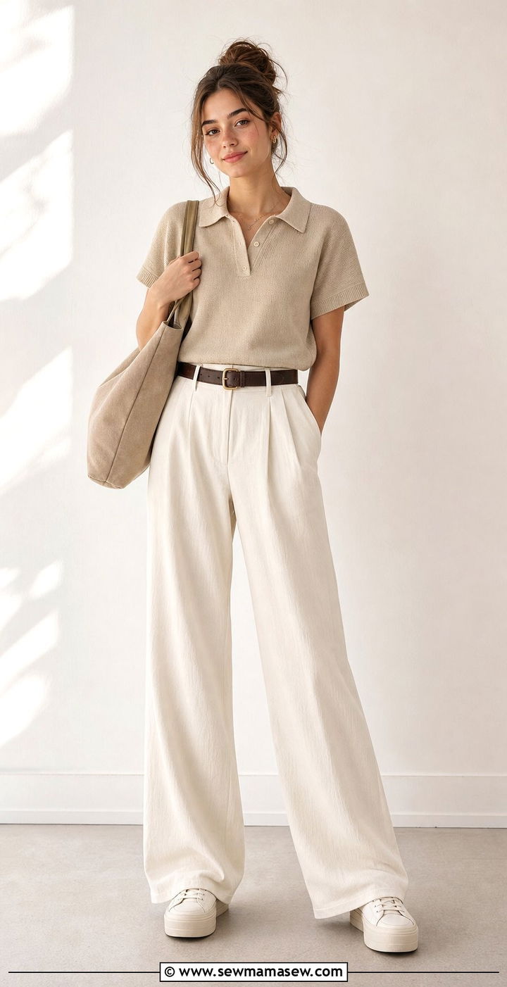 Beige Knit Polo and Cream Wide Leg Trousers Outfit - 25 Clean girl outfit ideas for school