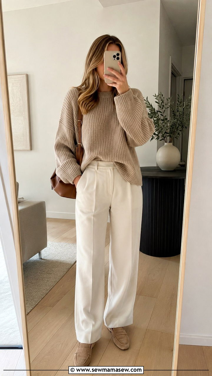 Beige Knit Sweater With Cream Wide Leg Pants - 30 Minimalist spring capsule wardrobe