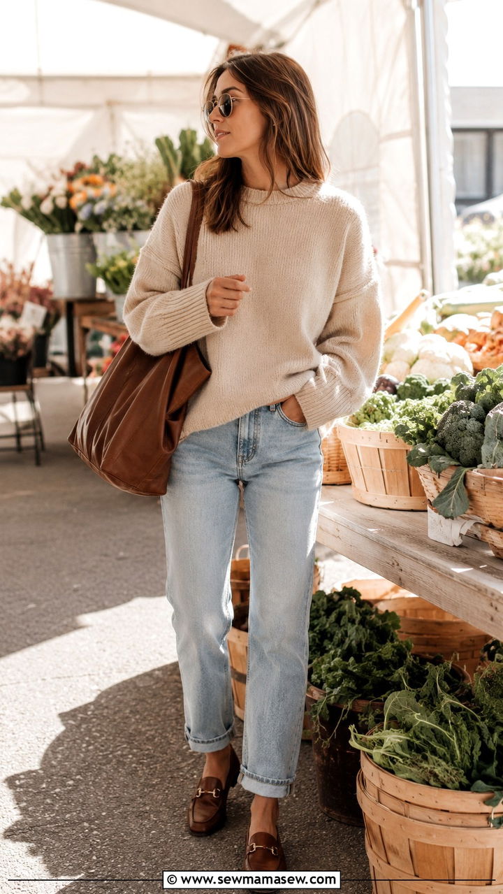 Beige Knit Sweater and Rolled Jeans - 25 Old money outfit ideas with jeans