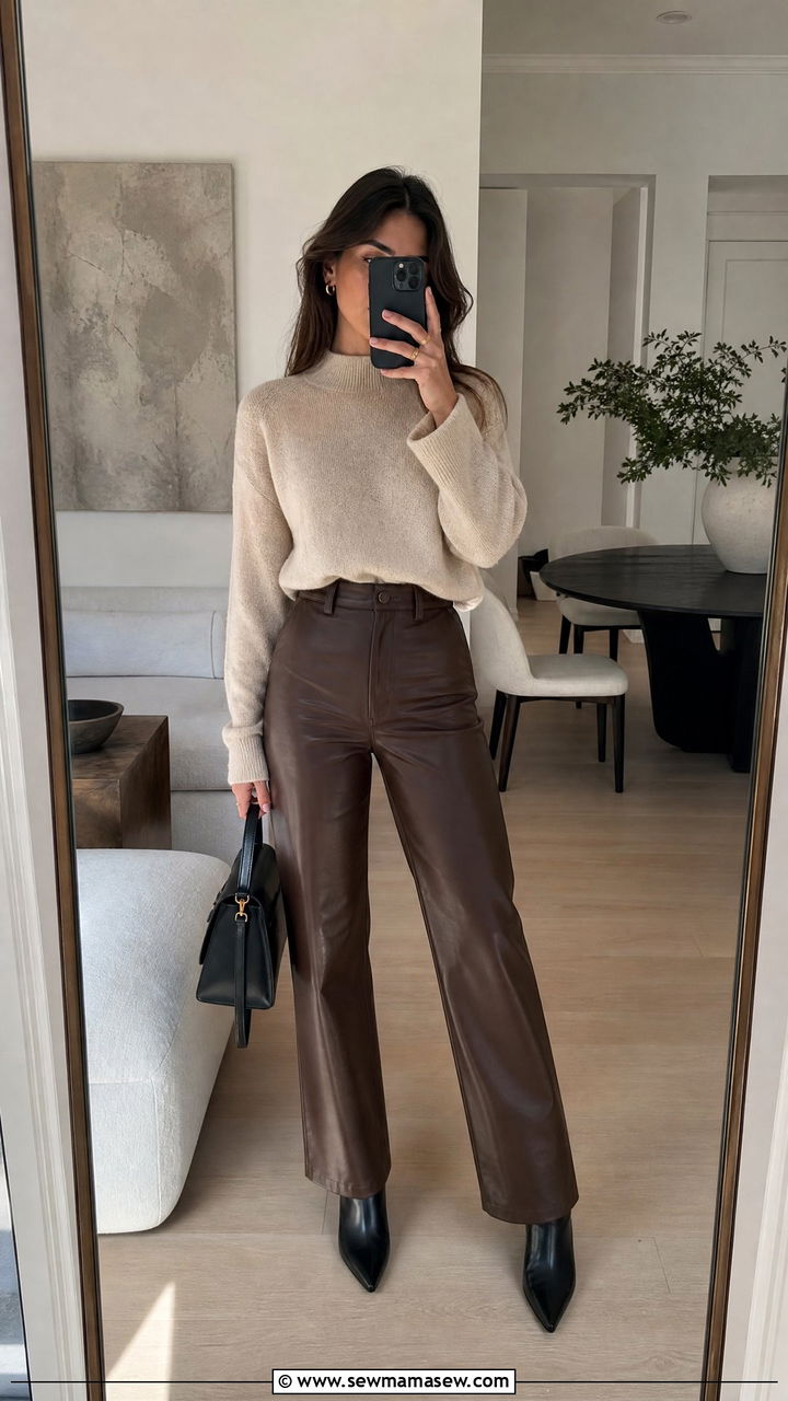 Beige Knit Top With Brown Leather Trousers - 35 Minimalist work outfits