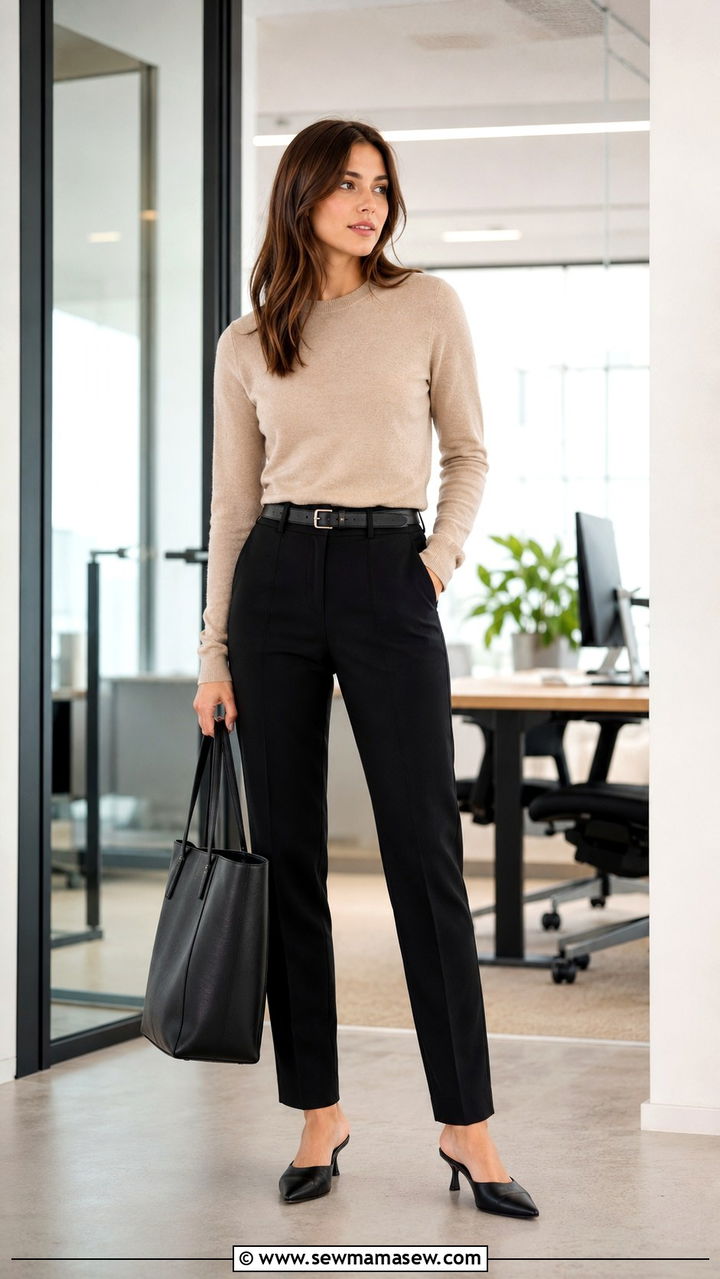 Beige Knit Top with Black Trousers - 30 chic office outfits for women