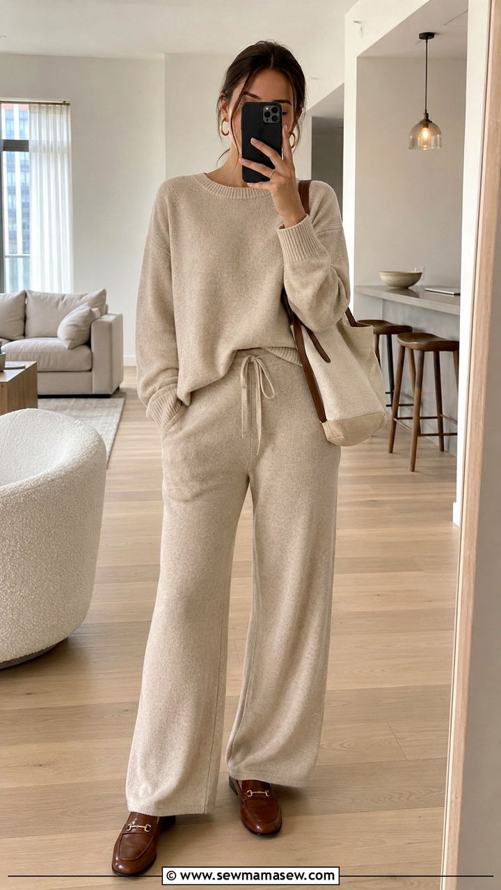 Beige Knit Tracksuit With Leather Loafers - 30 Track suit matching set outfit ideas