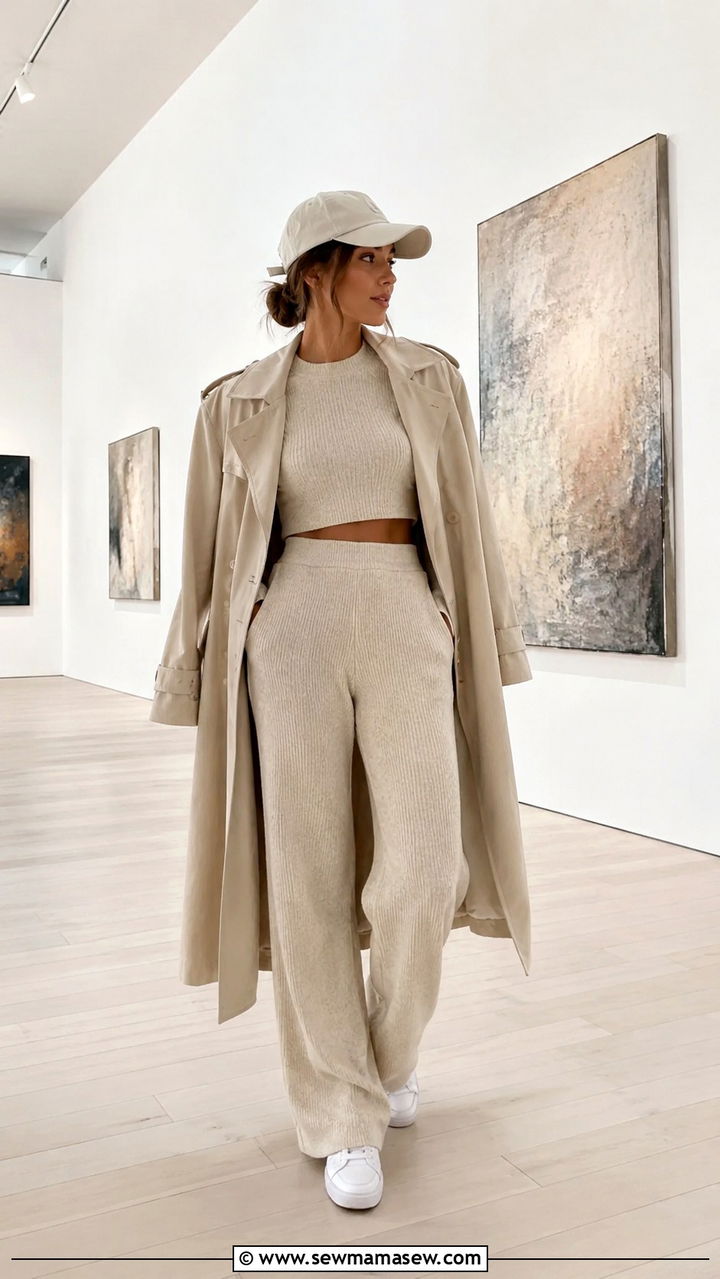 Beige Knit Two Piece Set and White Sneakers - 20 Photography exhibit outfit ideas