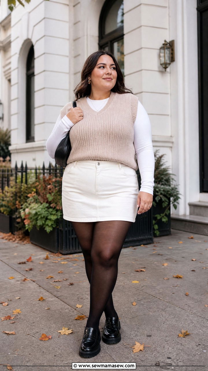 Beige Knit Vest and White Mini Skirt Transitional Outfit - 30 Clean girl outfits plus size
