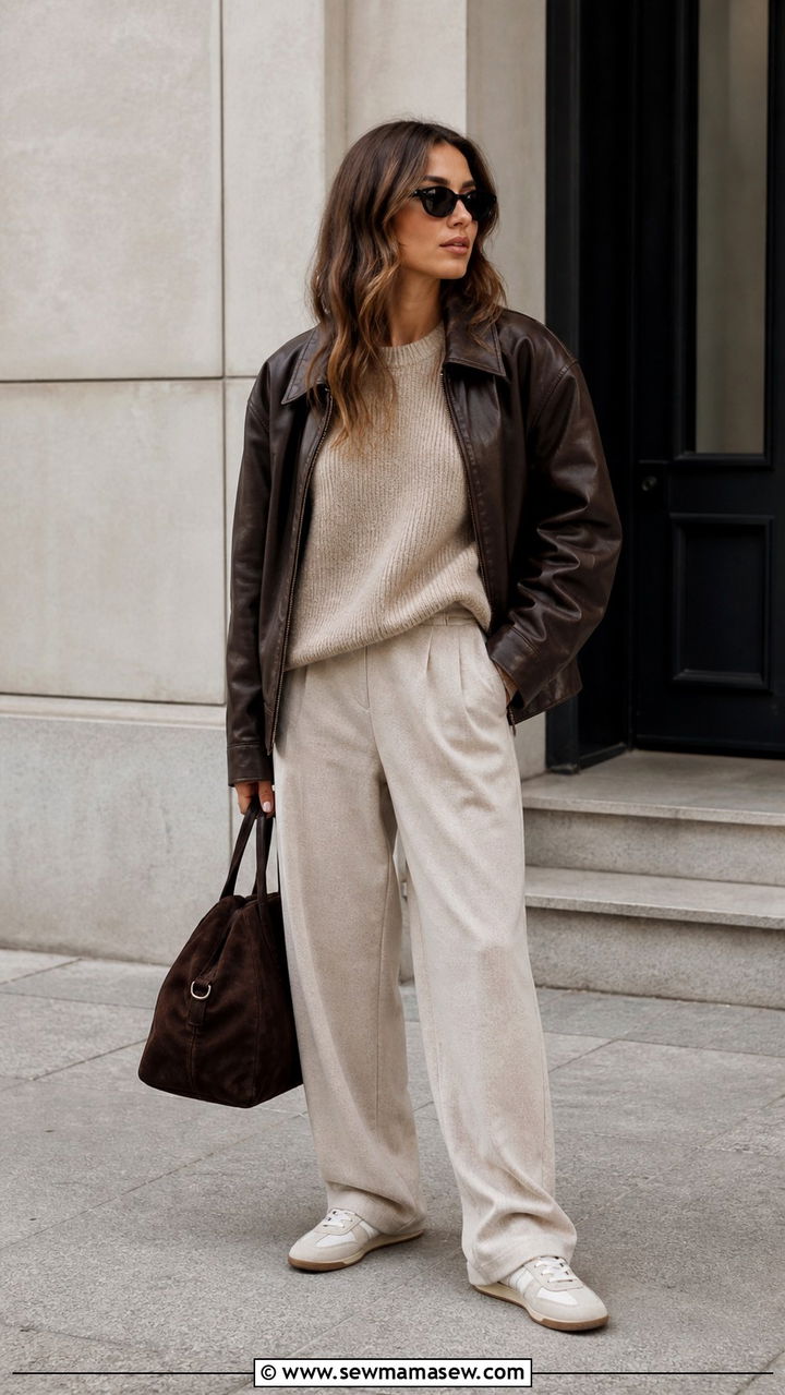 Beige Knit With Oatmeal Trousers And Off White Sneakers - 40 What to wear in Amsterdam