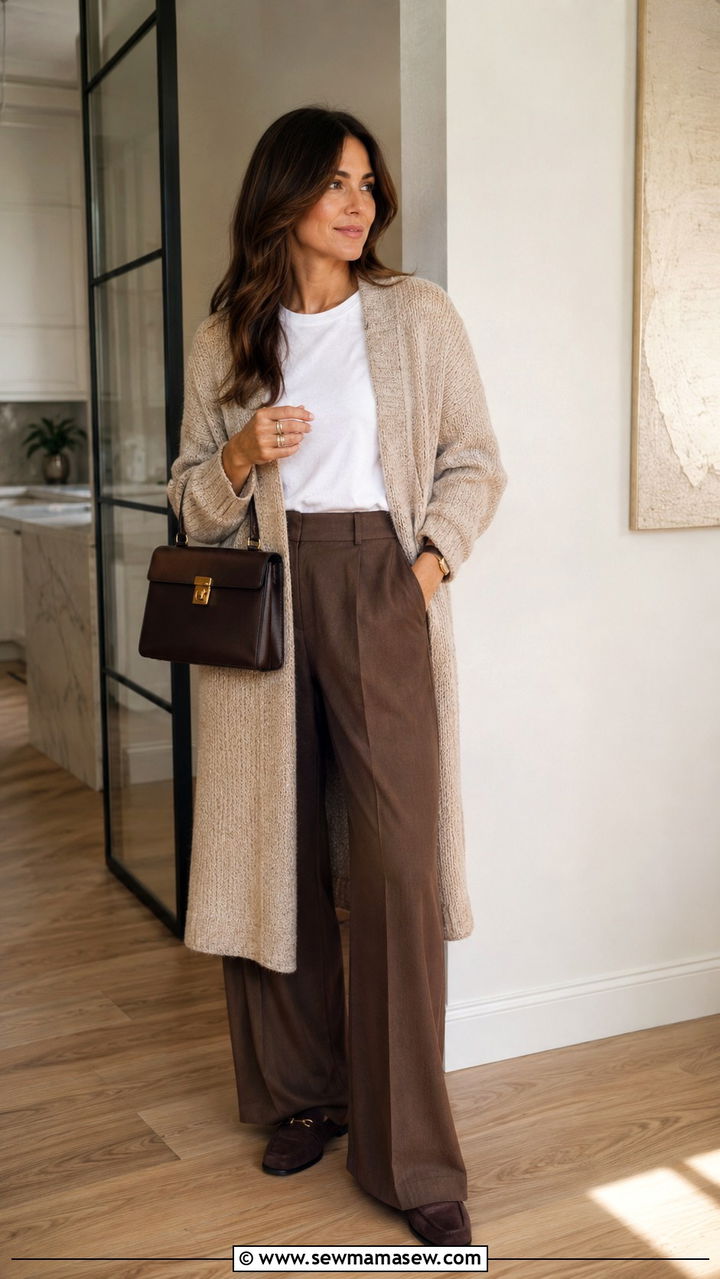 Beige Knitted Cardigan with Brown Trousers - 30 Office outfits for millennials