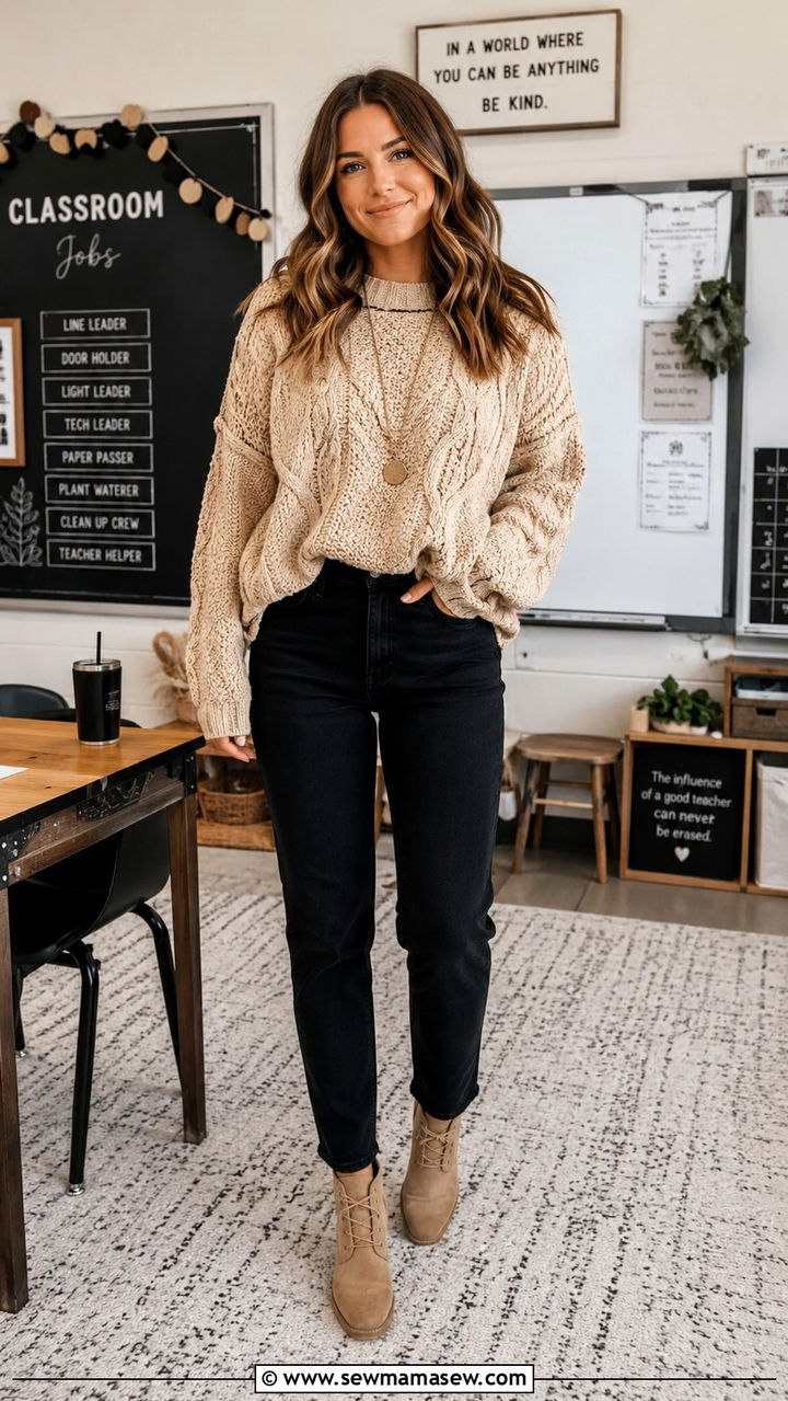 Beige Knitted Pullover With Black Jeans - 30 Kindergarten teacher outfit ideas