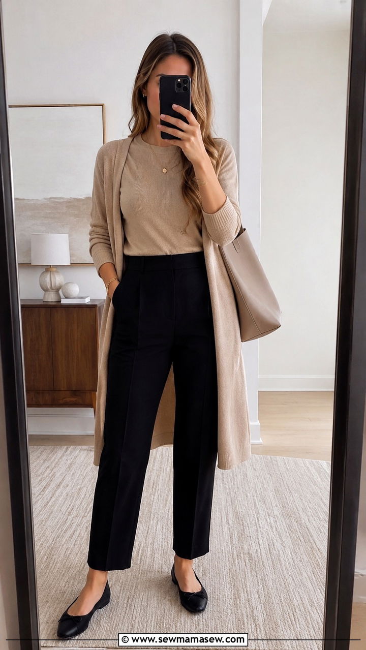 Beige Knitted T Shirt with Black Pants - 30 Office outfits for millennials