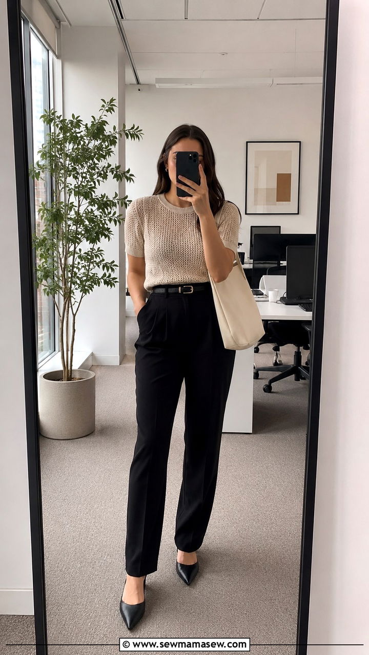 Beige Knitted T Shirt with Black Pants - 30 office outfits aesthetic