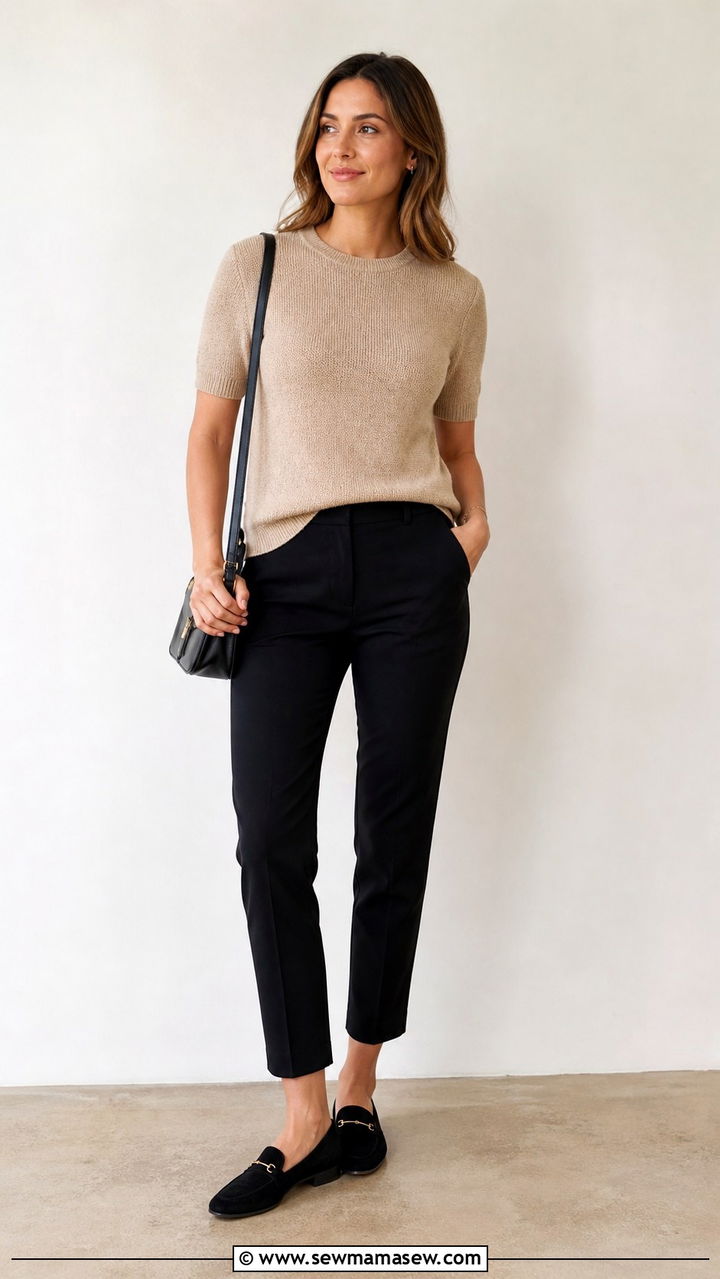 Beige Knitted Tee with Black Ankle Pants - 40 Corporate outfit ideas