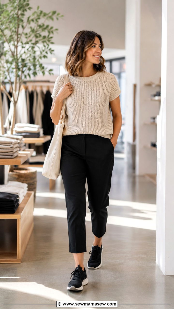 Beige Knitted Tee with Black Cropped Pants Outfit - 30 Retail work outfit ideas