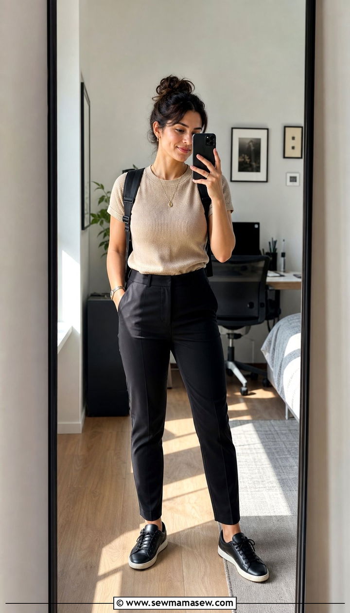 Beige Knitted Tee with Black Pants Outfit - 25 Engineer outfit ideas