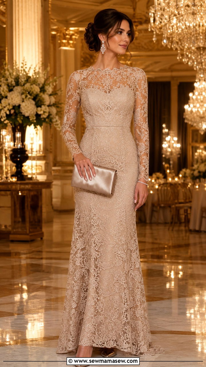 Beige Lace Gown With Crystal Jewelry - 25 Beige dress outfit ideas for wedding guest