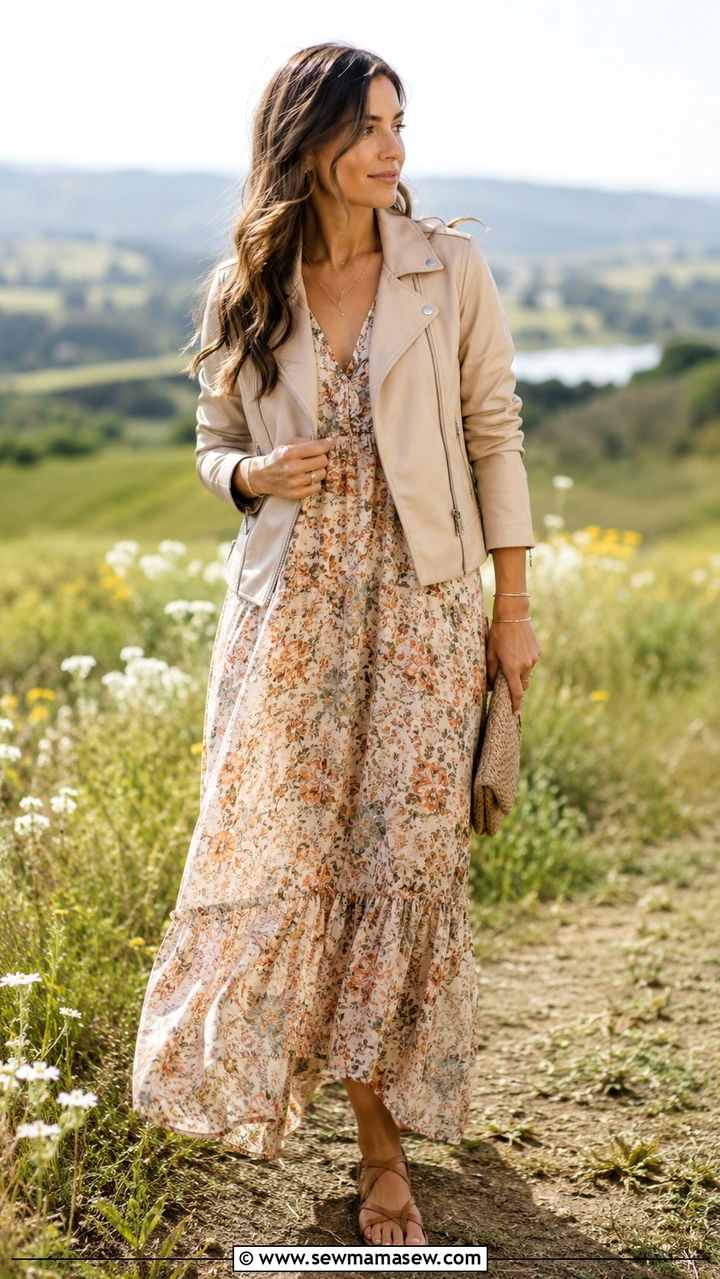 Beige Leather Jacket With Floral Maxi Dress Spring - 30 How to style a leather jacket in spring
