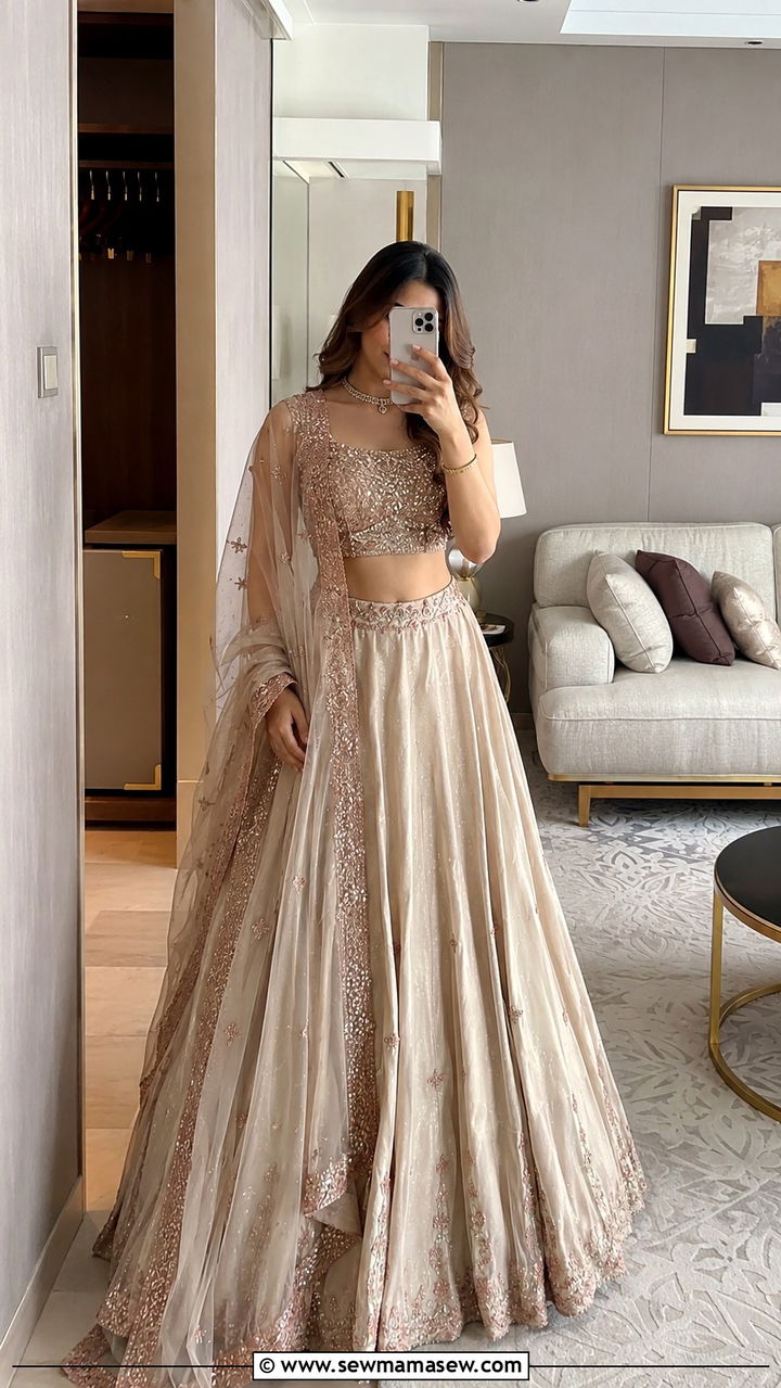 Beige Lehenga With Rose Gold Embroidery - 25 Modest outfit ideas for Walima