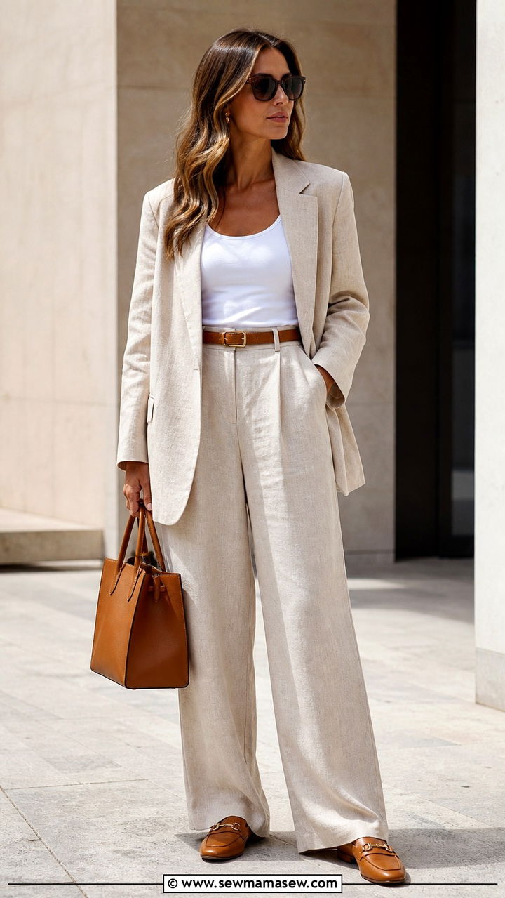 Beige Linen Baggy Suit With Tan Loafers - 20 Baggy suit outfit ideas 2026