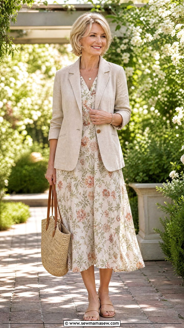 Beige Linen Blazer Over Floral Midi Dress - 25 How to style a blazer over 50