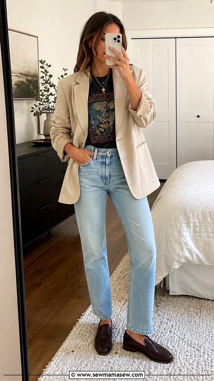 Beige Linen Blazer With Graphic Tee and Light Wash Straight Leg Jeans - 30 Linen blazer outfit ideas with loafers