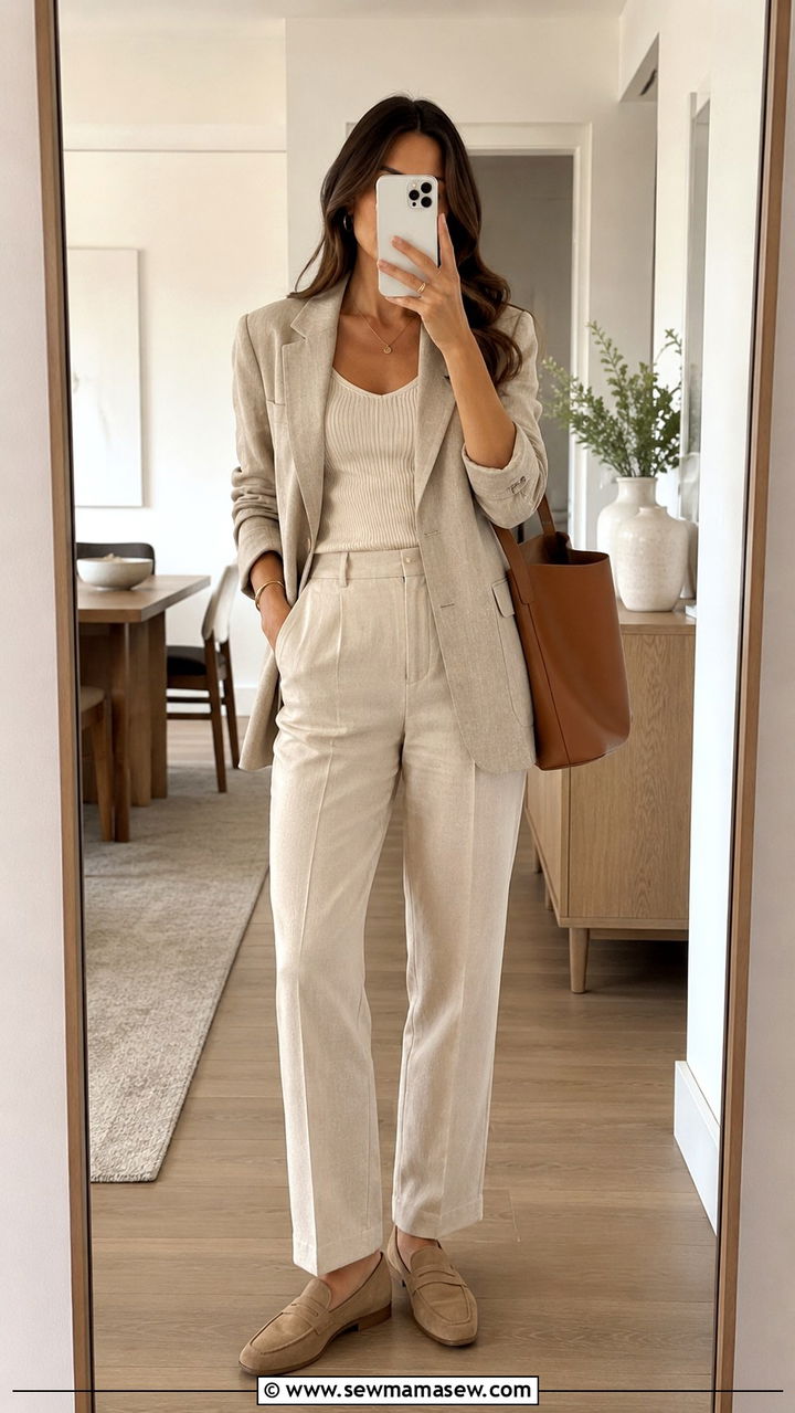 Beige Linen Blazer With Knit Ribbed Tank and Tailored Trousers - 30 Linen blazer outfit ideas with loafers