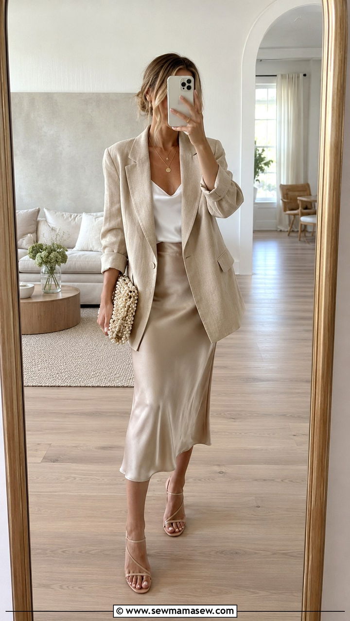 Beige Linen Blazer With Satin Slip Skirt Outfit - 30 Linen blazer outfit ideas with a skirt