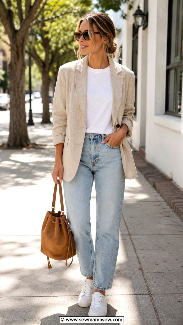 Beige Linen Blazer With White Tee And Jeans Outfit - 30 casual business casual outfits