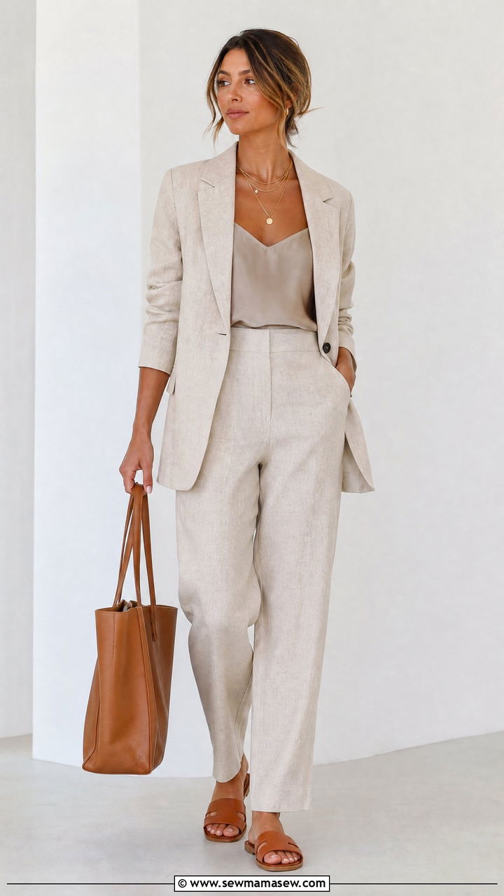 Beige Linen Blazer with Matching Pants and Camisole - 30 Summer outfits in beige
