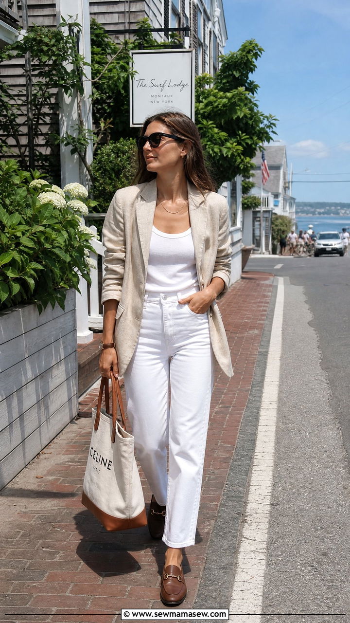 Beige Linen Blazer with White Straight Leg Jeans and Loafers - 30 Hamptons outfit ideas