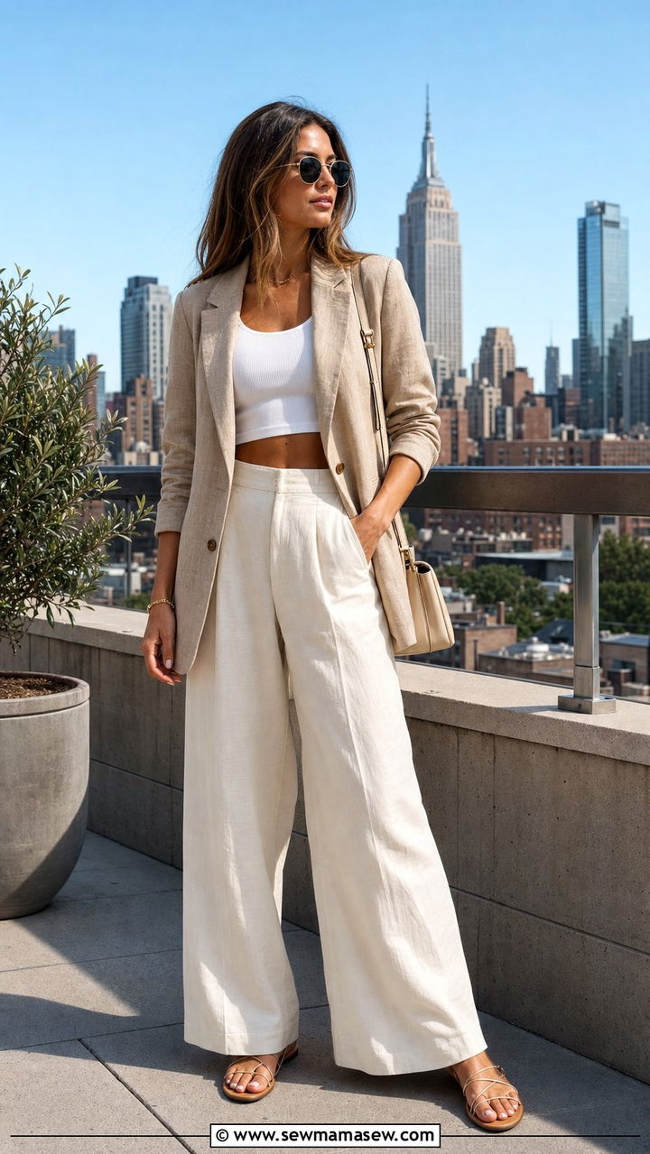 Beige Linen Blazer with a Crop Top and Wide Leg Pants - 25 summer linen blazer outfit ideas