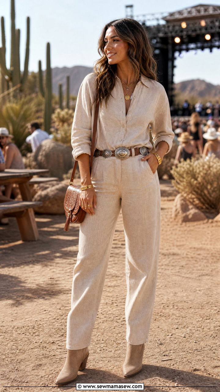 Beige Linen Co Ord Set with Concho Belt and Ankle Boots - 30 Summer outfits in beige