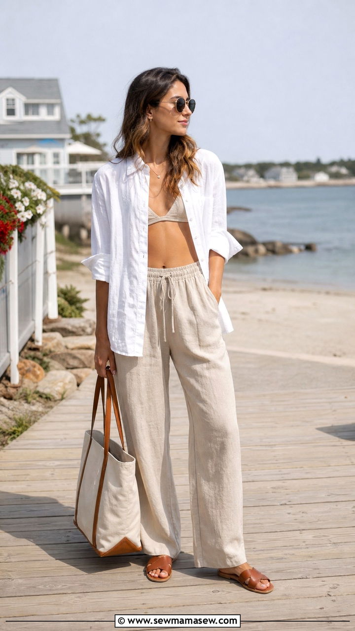 Beige Linen Drawstring Pants with an Open Button Down and a Bralette - 40 linen pants outfit ideas for women
