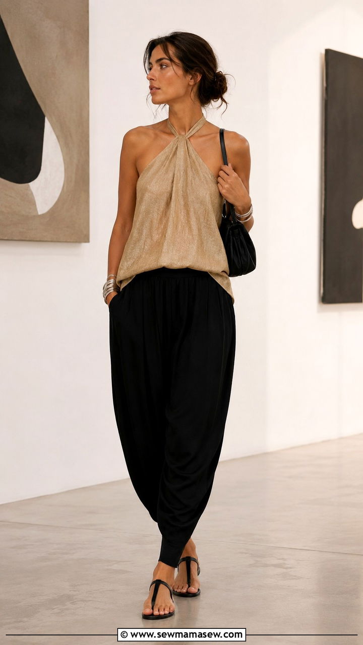 Beige Linen Halter Top With Black Fluid Pants - 30 Quiet luxury outfit ideas 2026
