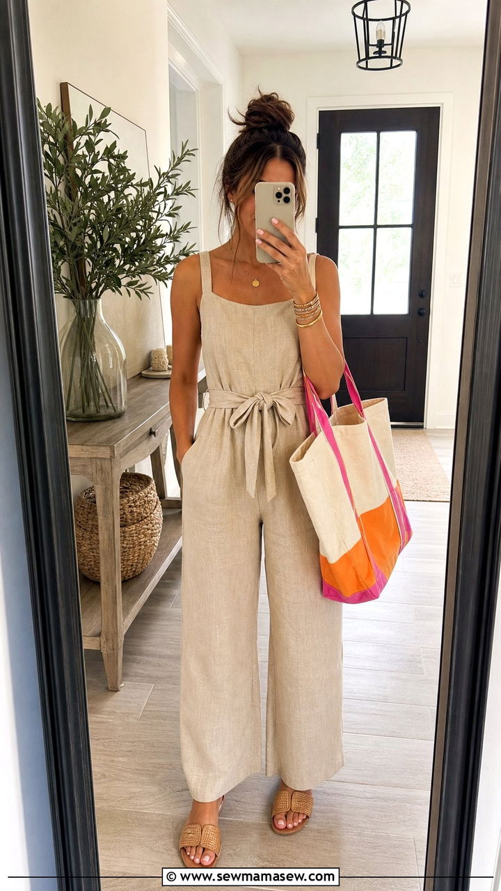 Beige Linen Jumpsuit And Woven Sandals Outfit - 25 errands outfits aesthetic