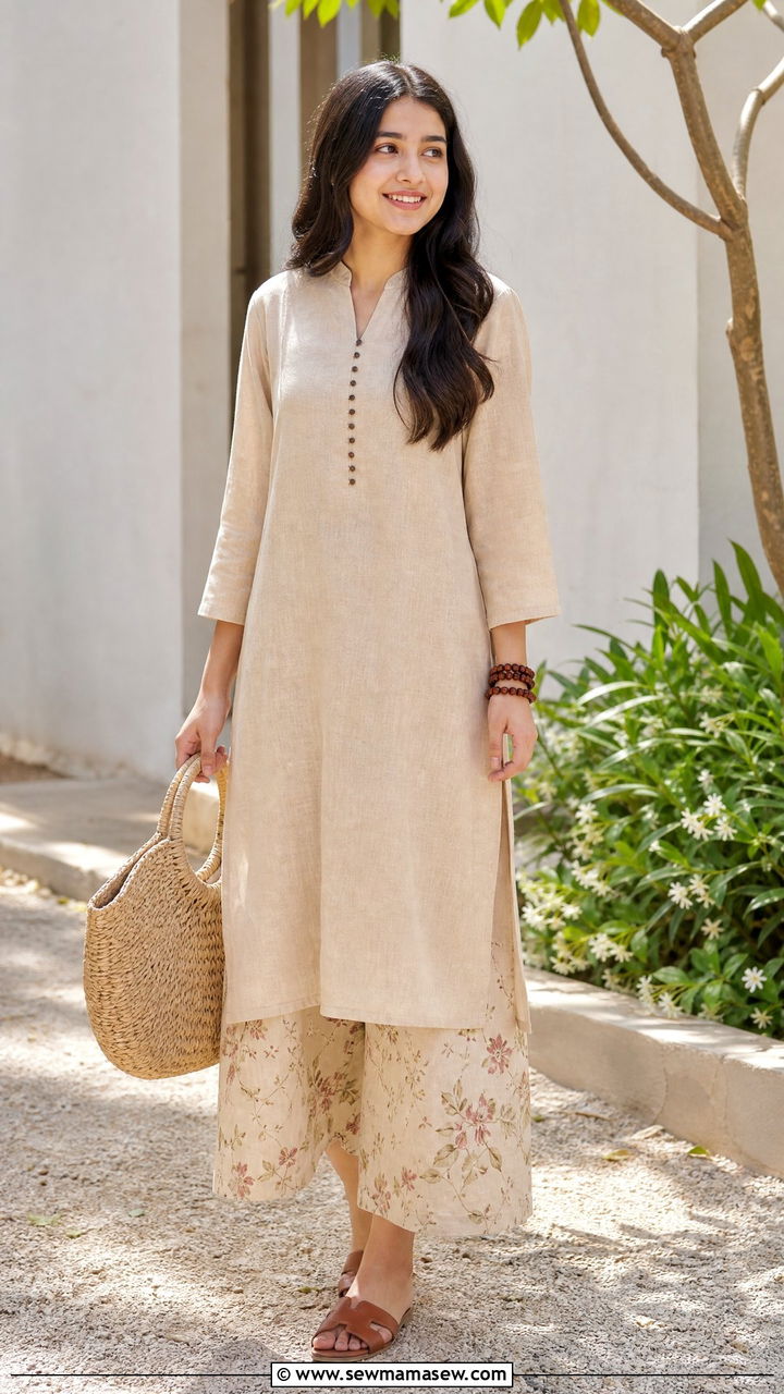 Beige Linen Kurta with Printed Culottes - 30 Eid outfit ideas for teens