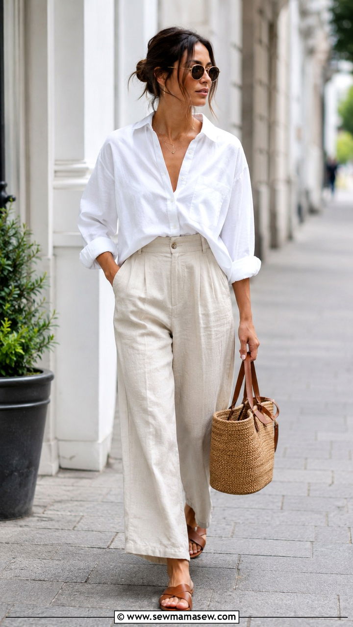 Beige Linen Pants Outfit With White Button Down - 30 Linen pants outfit ideas for summer